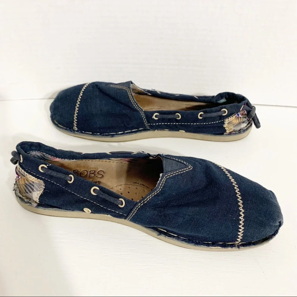 SKECHERS Bobs Canvas Slip-on Flat Raw Hem Shoes Style #: 37790-NVY Pop of Color